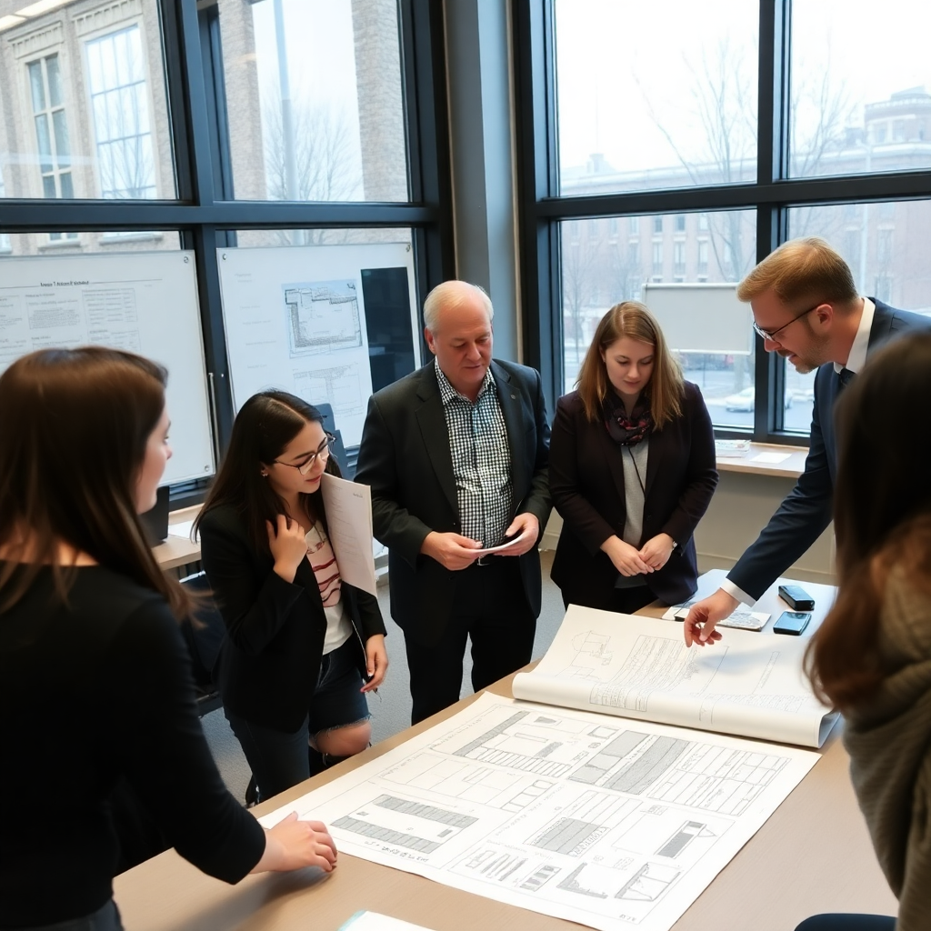 A group of professionals stands around a table in a brightly lit office, collaborating over large-scale architectural blueprints and technical documents, supported by reliable printing and repair services to keep every detail accurate and on schedule.