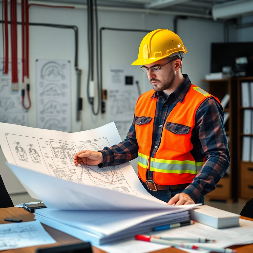 An engineer wearing a yellow hard hat and high-visibility vest carefully reviews large-scale technical blueprints in a professional workshop environment, supported by reliable printing and repair in wine country to ensure accuracy and efficiency on every project.