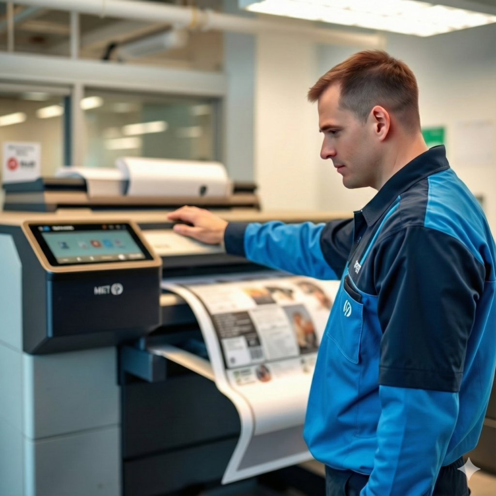 A person in a blue jacket looking at the printer output.