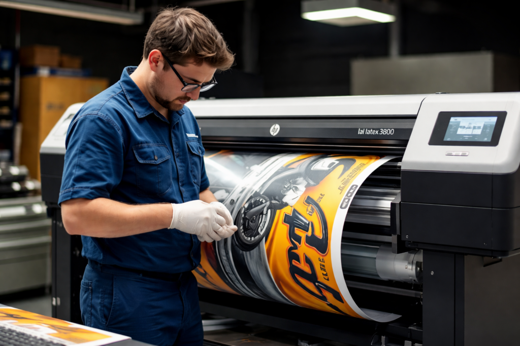 A skilled technician wearing safety gloves carefully monitors the output of a large-format HP Latex printer as it produces a vibrant, high-gloss graphic in a professional print studio.