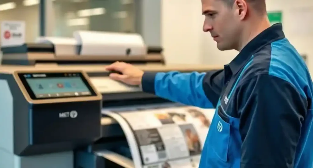 A focused technician in a blue uniform monitors the output of a large-format digital printer as it produces high-quality color documents.